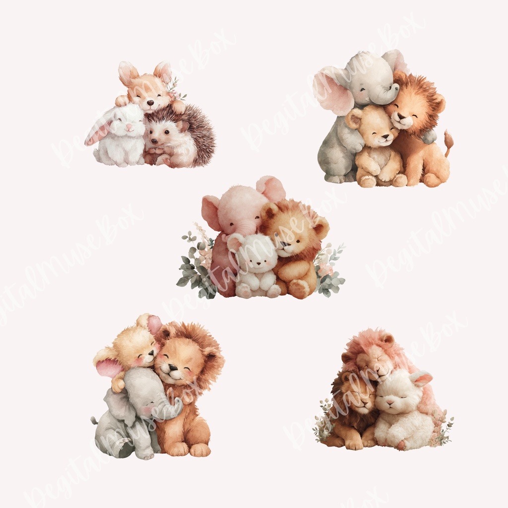 可愛い動物たちが頰をぎゅっとくっつけて温かくハグする水彩クリップアートパック