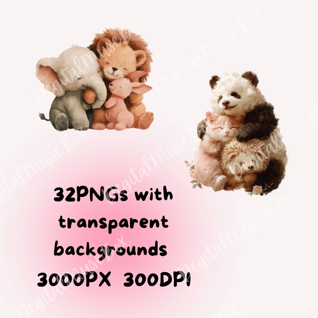 可愛い動物たちが頰をぎゅっとくっつけて温かくハグする水彩クリップアートパック