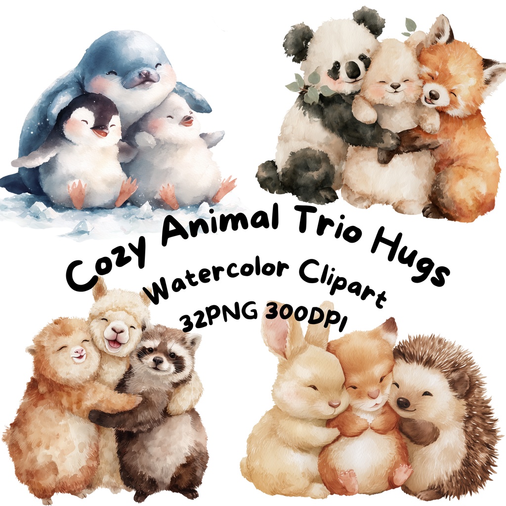 可愛い動物たちが頰をぎゅっとくっつけて温かくハグする水彩クリップアートパック