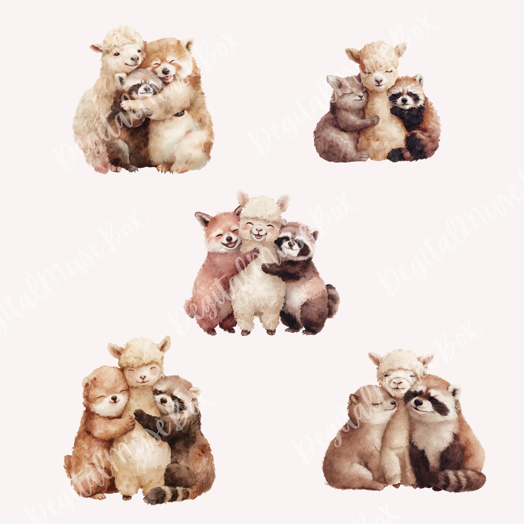 可愛い動物たちが頰をぎゅっとくっつけて温かくハグする水彩クリップアートパック