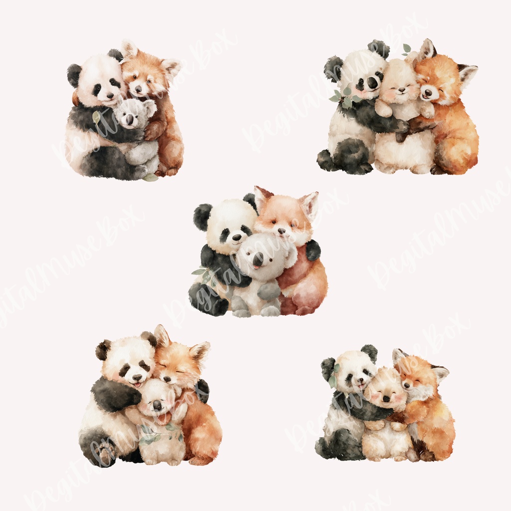 可愛い動物たちが頰をぎゅっとくっつけて温かくハグする水彩クリップアートパック