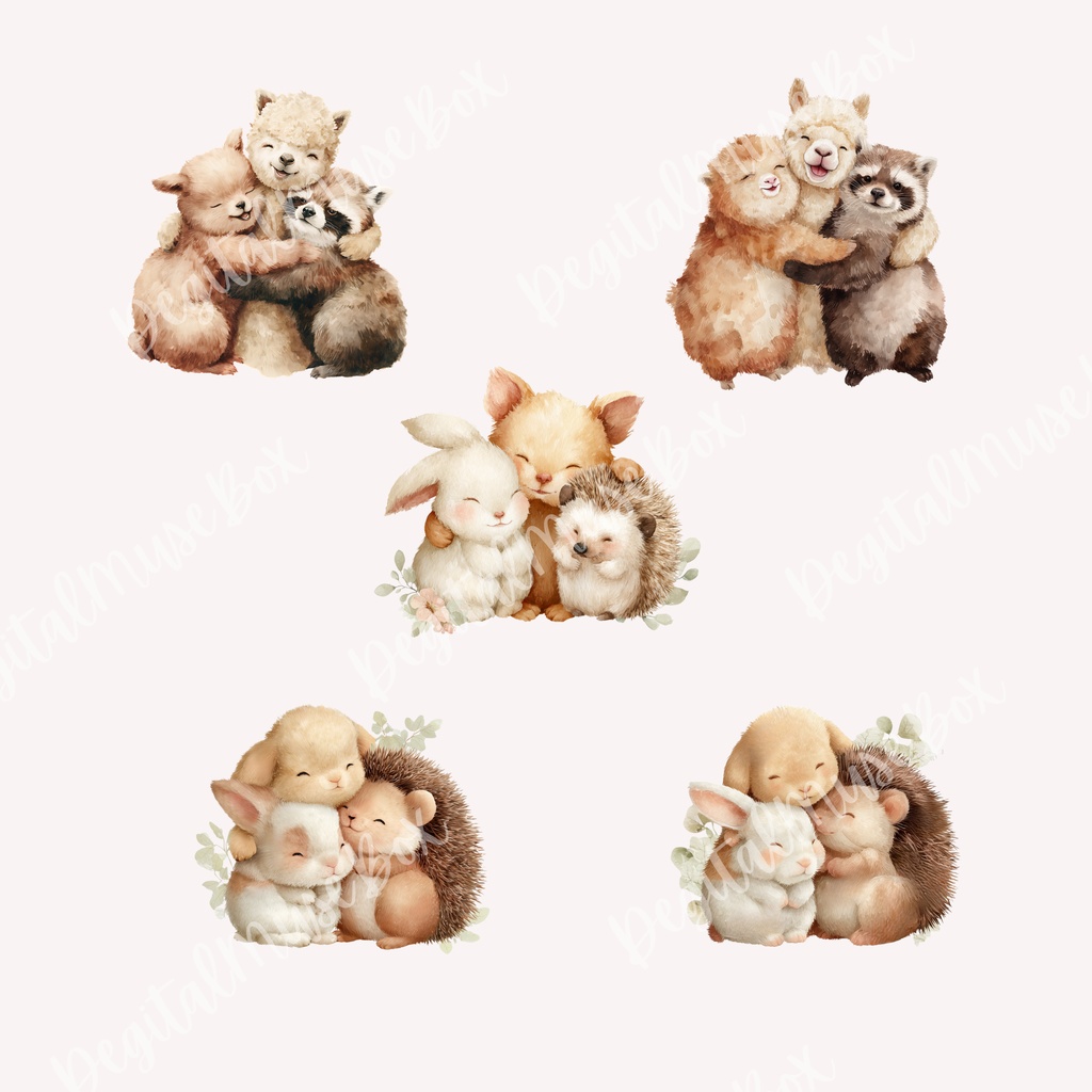 可愛い動物たちが頰をぎゅっとくっつけて温かくハグする水彩クリップアートパック