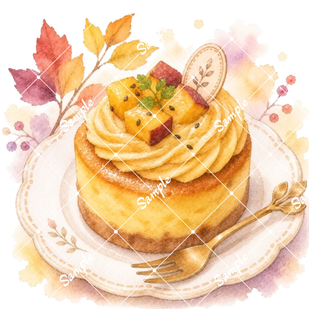 秋のカフェ&スイーツ②水彩素材10点、背景透過PNG、商用利用OK