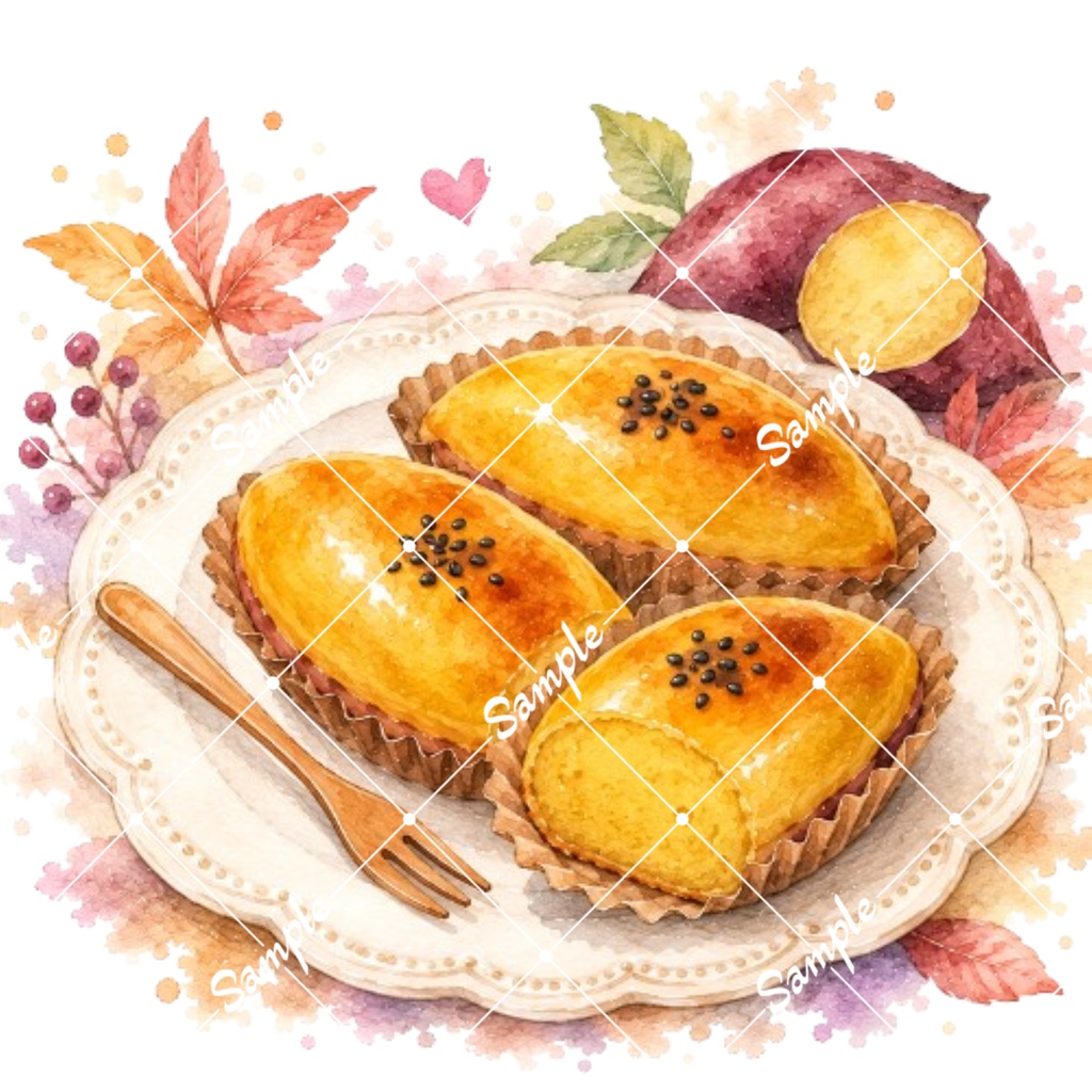 秋のカフェ&スイーツ②水彩素材10点、背景透過PNG、商用利用OK