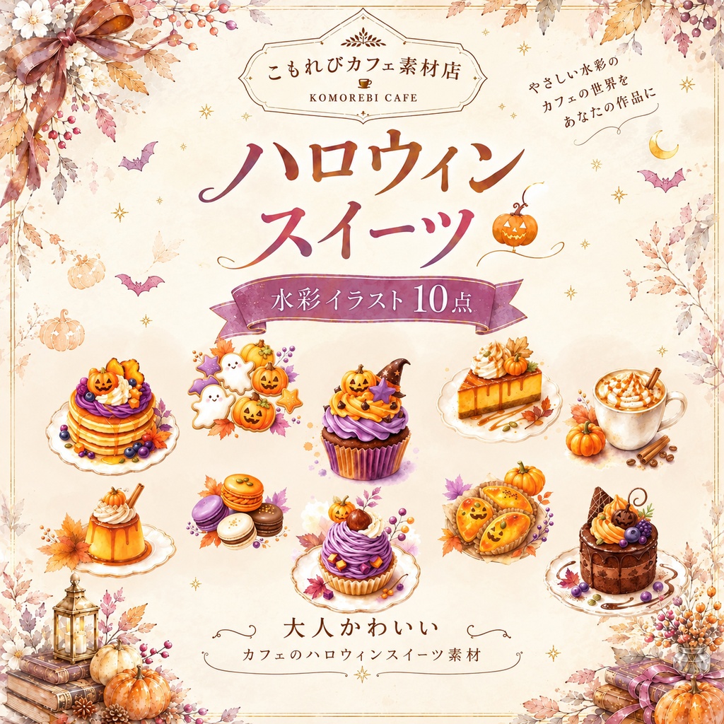 ハロウィンスイーツ 水彩素材10点、背景透過PNG、商用利用OK
