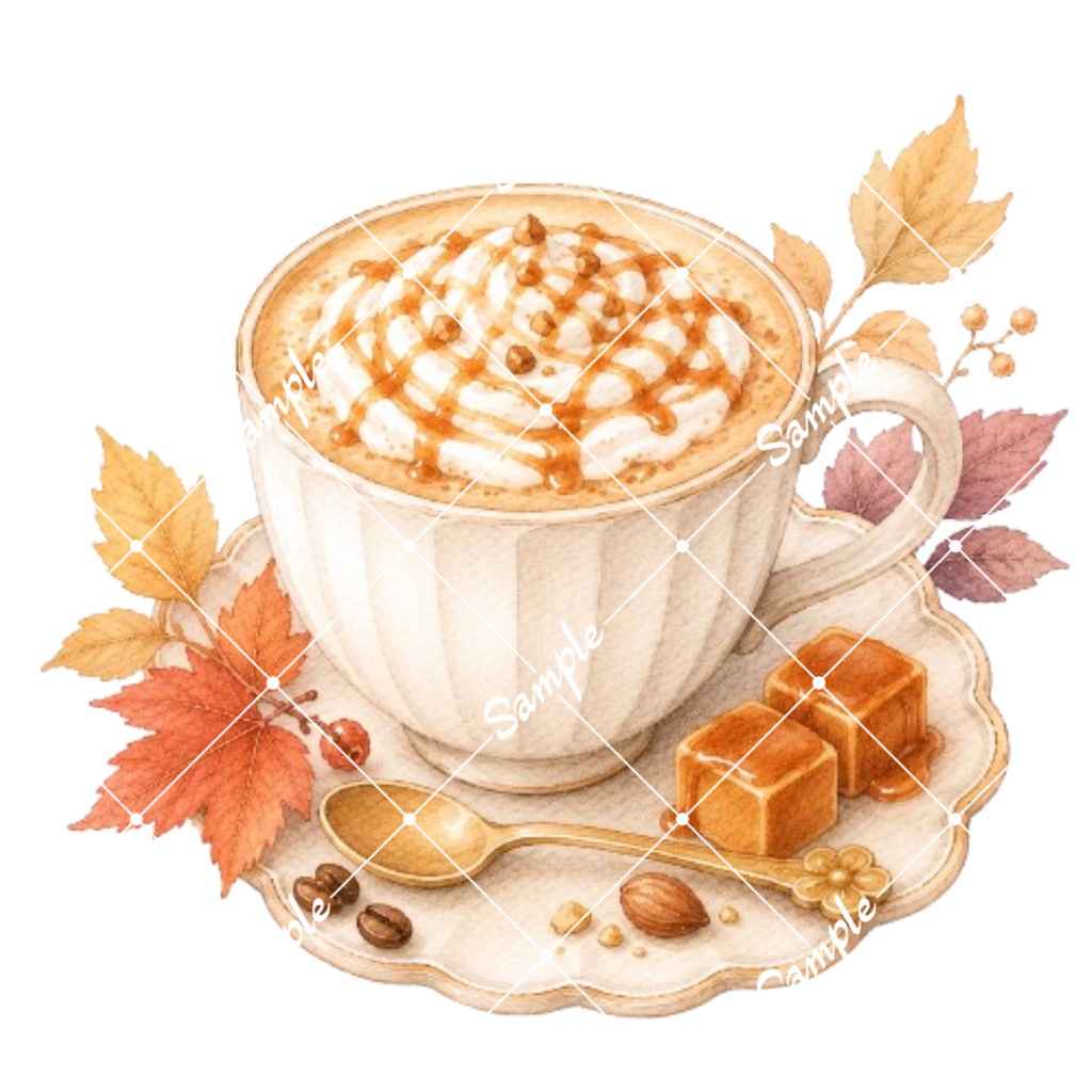秋のカフェドリンク 水彩素材12点、背景透過PNG、商用利用OK