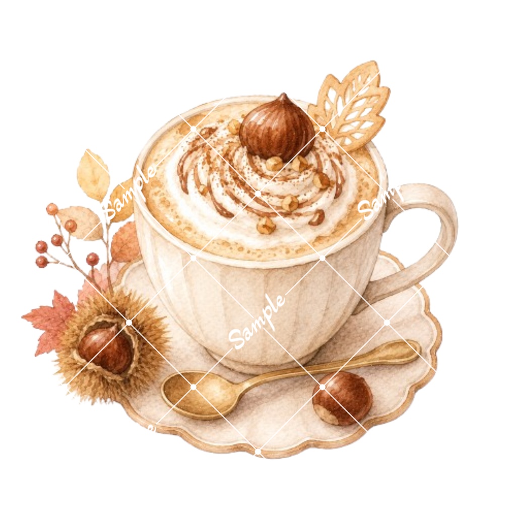 秋のカフェドリンク 水彩素材12点、背景透過PNG、商用利用OK