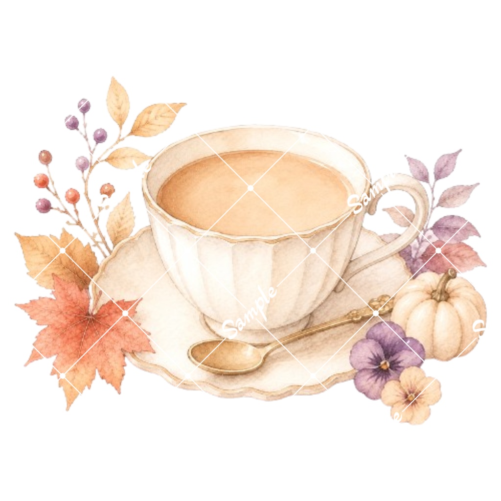 秋のカフェドリンク 水彩素材12点、背景透過PNG、商用利用OK