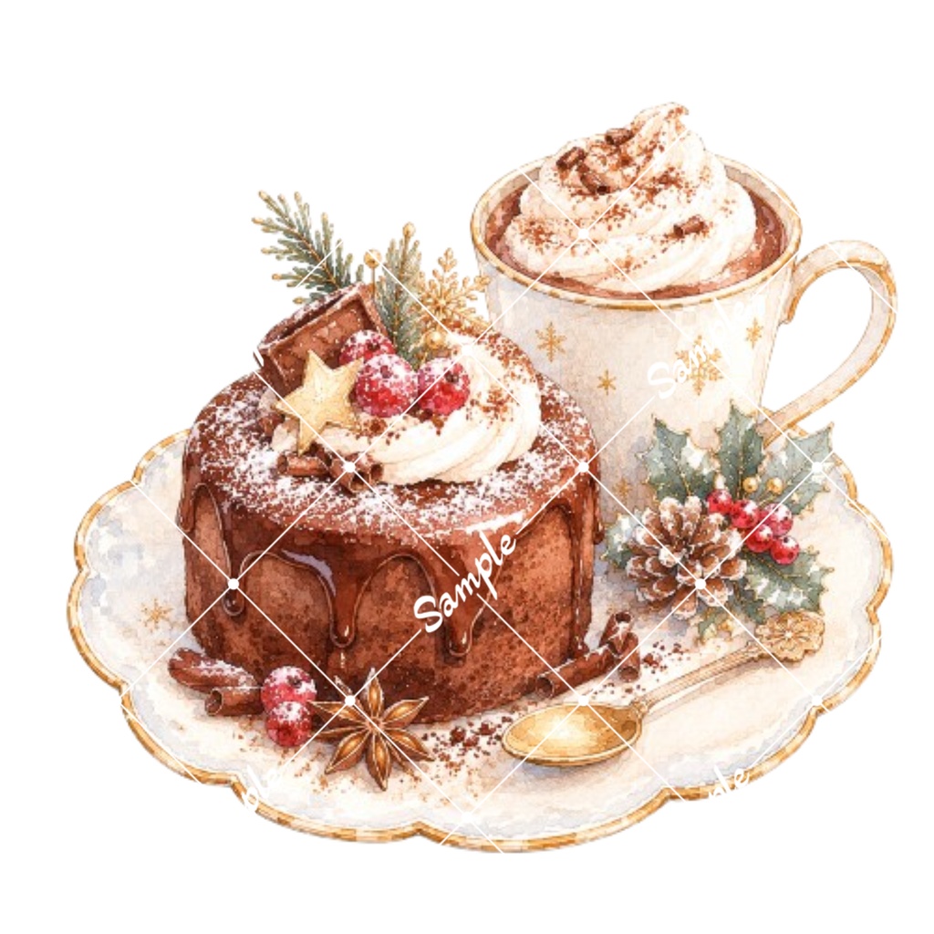 クリスマスカフェ水彩素材15点|背景透過PNG|冬のカフェイラスト