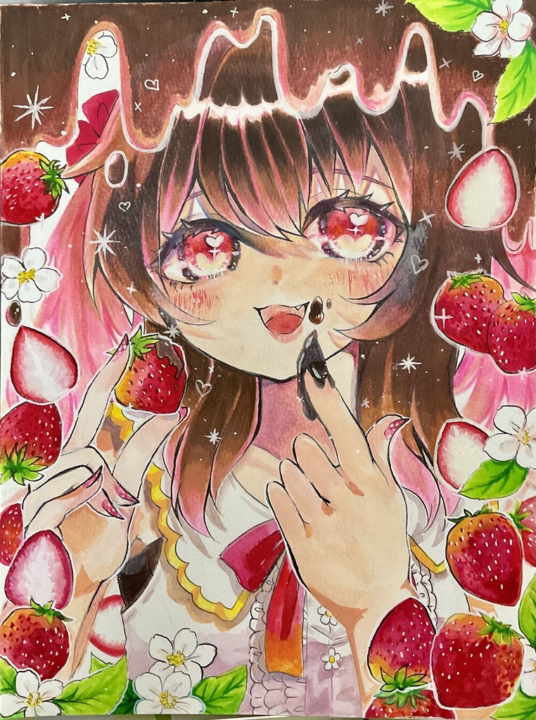 オリジナル絵で女の子いちごとチョコ*手描きイラスト *原画 * オリジナルイラスト