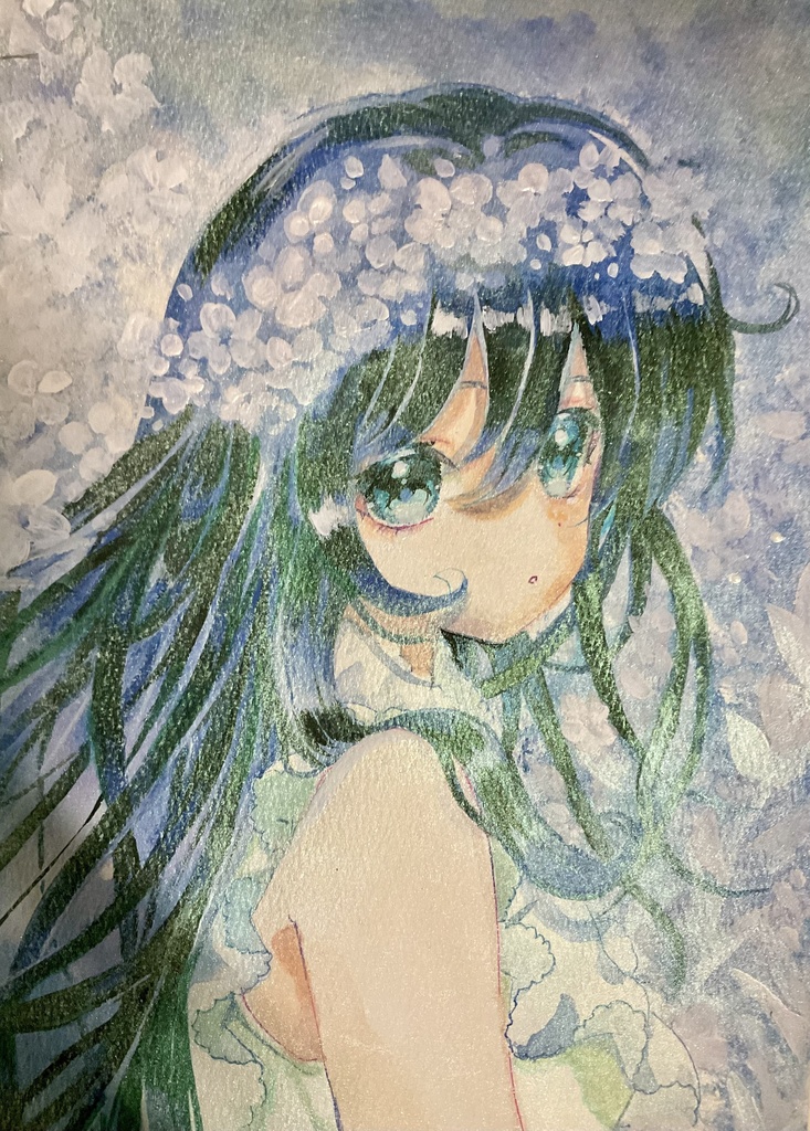 【オリジナル】青紫白花女の子＊手描きイラスト 