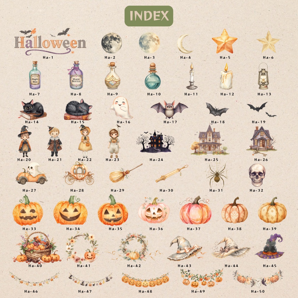 【ハロウィン・ダウンロード素材集】水彩風アンティークの可愛らしいクリップアート!素材50点セット (PNG背景透過)