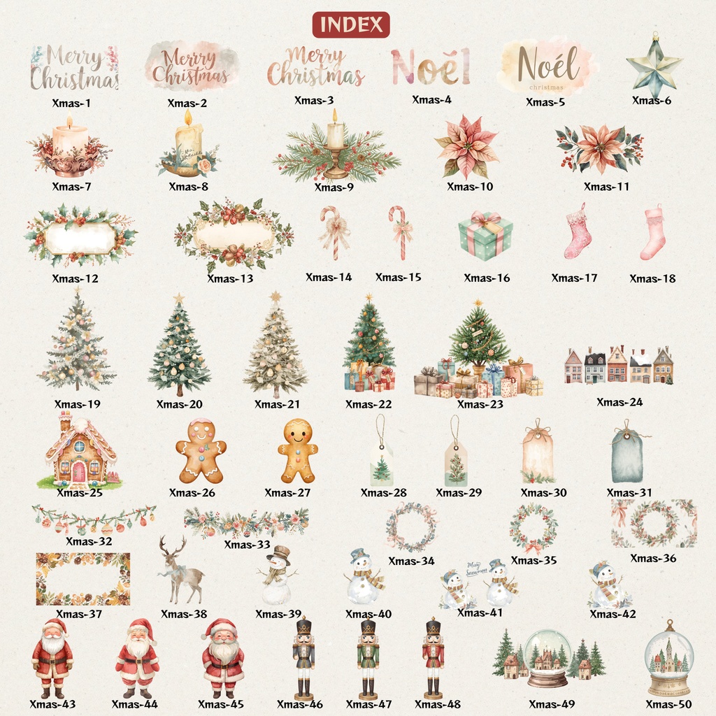 【クリスマス・ダウンロード素材集】水彩風の温かみのある大人可愛いクリップアートが満載!素材50点セット (PNG背景透過)