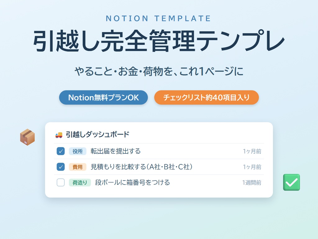 【Notionテンプレート】引越し完全管理セット｜時期別やることリスト・手続きチェック・費用管理・段ボール管理