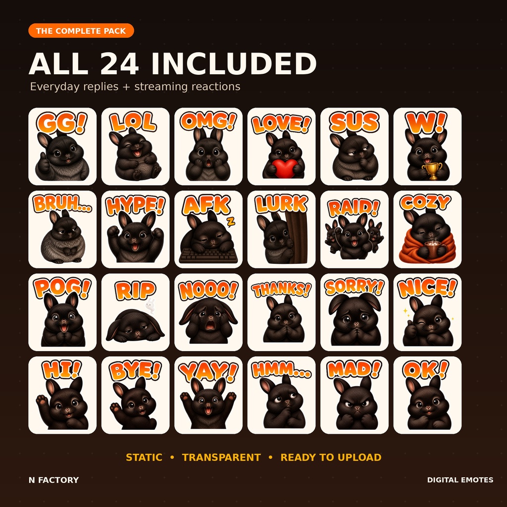 黒うさぎ配信エモート24種｜Black Bunny Emotes for Twitch・Discord・VTuber