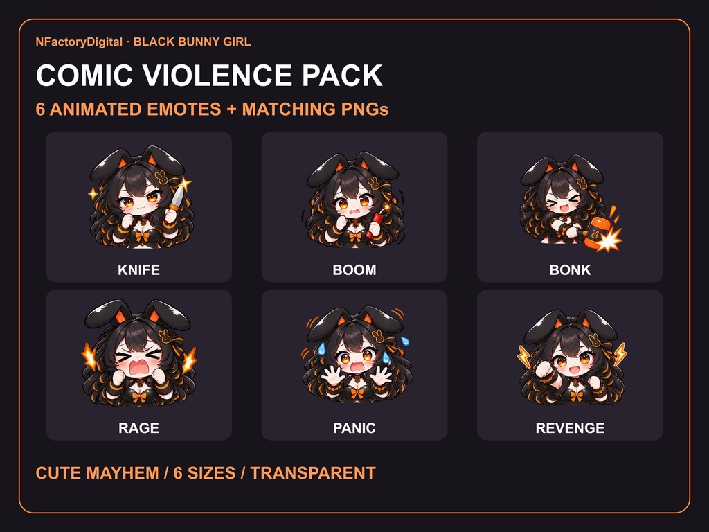Black Bunny Girl Comic Violence Pack|動くエモート6種・透過GIF+PNG