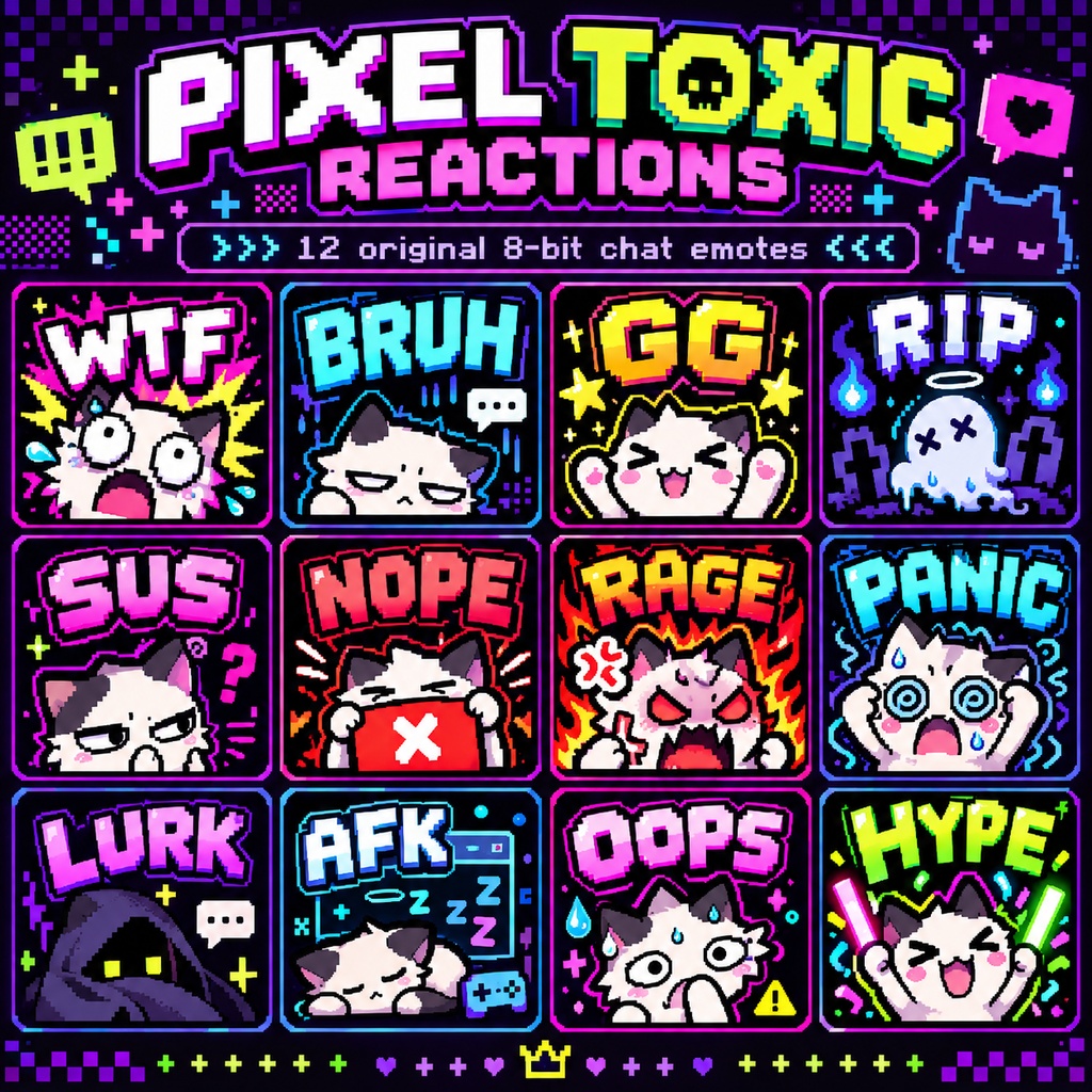 PIXEL TOXIC REACTIONS Vol.01｜レトロ8bit猫エモート12種｜Twitch・Discord・Kick・YouTube
