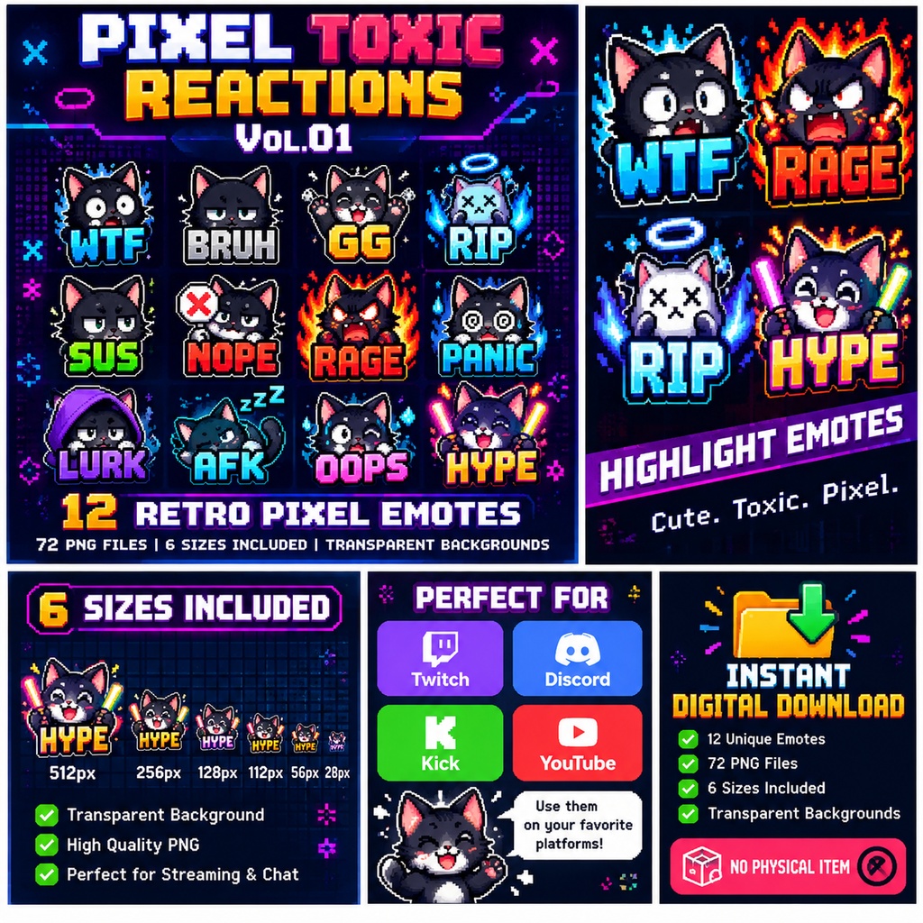 PIXEL TOXIC REACTIONS Vol.01|レトロ8bit猫エモート12種|Twitch・Discord・Kick・YouTube