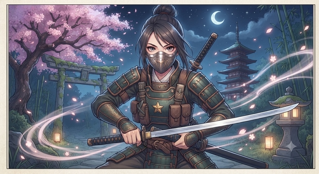 桜舞う夜、月下に佇む現代の武者