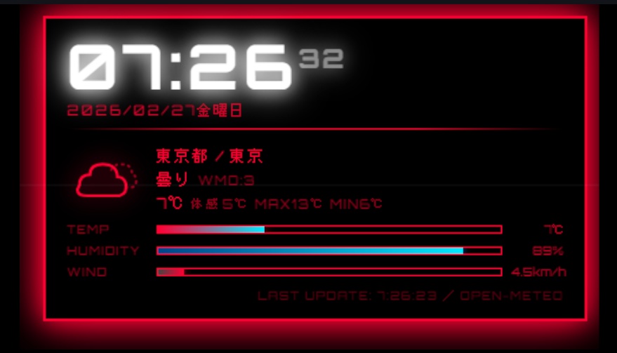 【OBS用時計ウィジェット】Cyber Weather & Clock HUD2