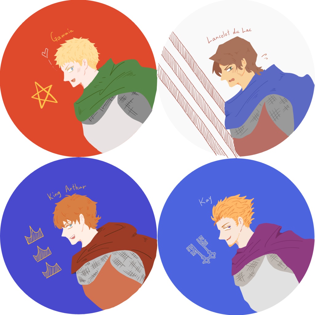 円卓缶バッジセット アーサー ガウェイン ランスロット ケイ Diana Bridge Booth