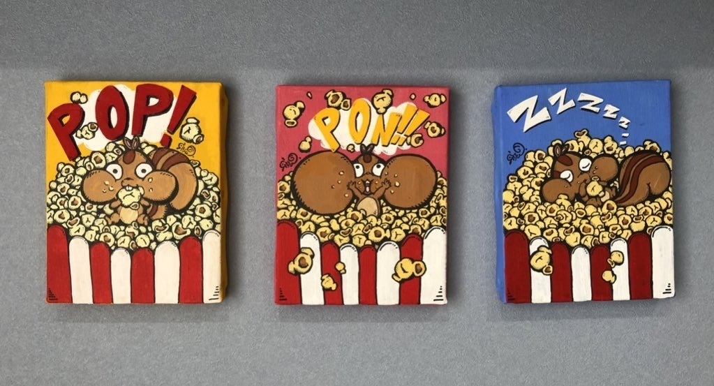 アニマルwithポップコーン アナログ原画(キャンバスF0 約18㎝×14㎝)