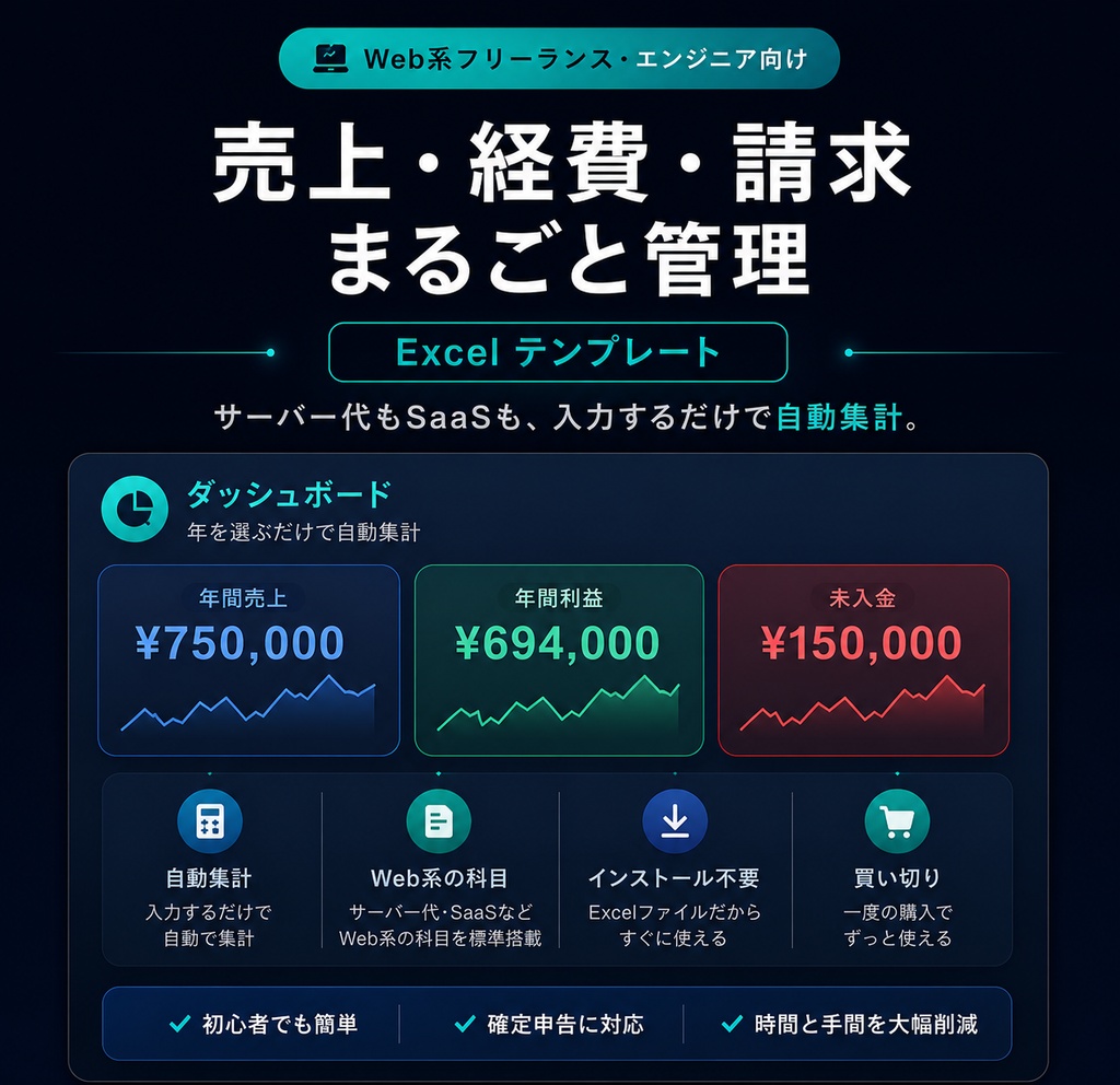 【Web系フリーランス・エンジニア向け】売上・経費・請求 まるごと管理Excelテンプレート｜サーバー代・SaaSも自動集計