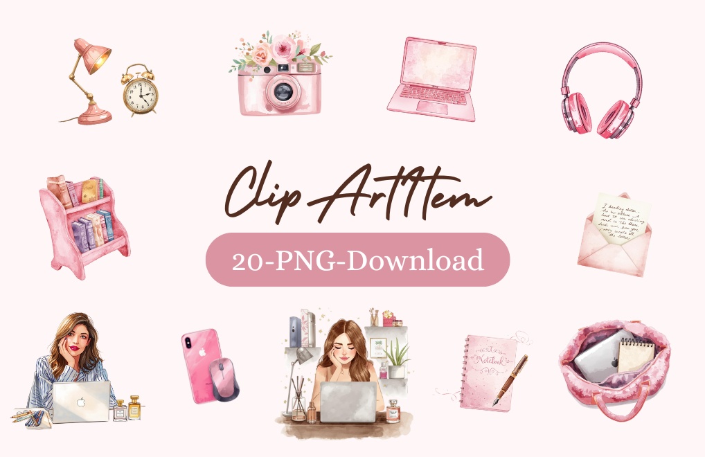 フリーランス女子にぴったり♡水彩ピンククリップアート20set（PNG）