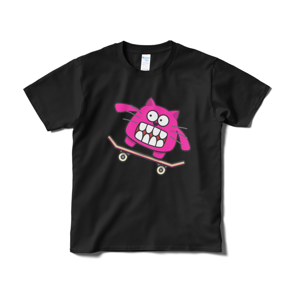 乗りこなしすぎる歯むきだしネコ Tシャツ黒