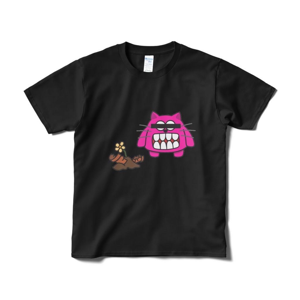 犯罪者すぎる歯むきだしネコ Tシャツ黒