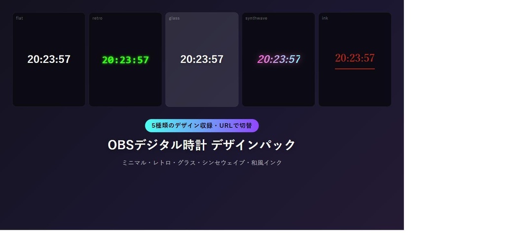【配信者向け】OBSデジタル時計 5種のデザイン収録
