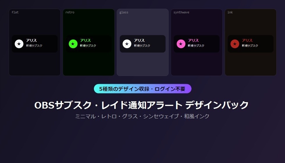 【デザインパック】OBSサブスク・レイド通知アラート 5種のデザイン収録