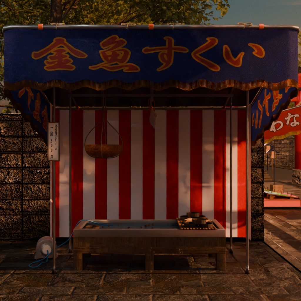 日本のレトロな夏祭りの屋台3点セット(りんご飴、金魚すくい、輪投げ)│Japanese Summer Festival Stall Set