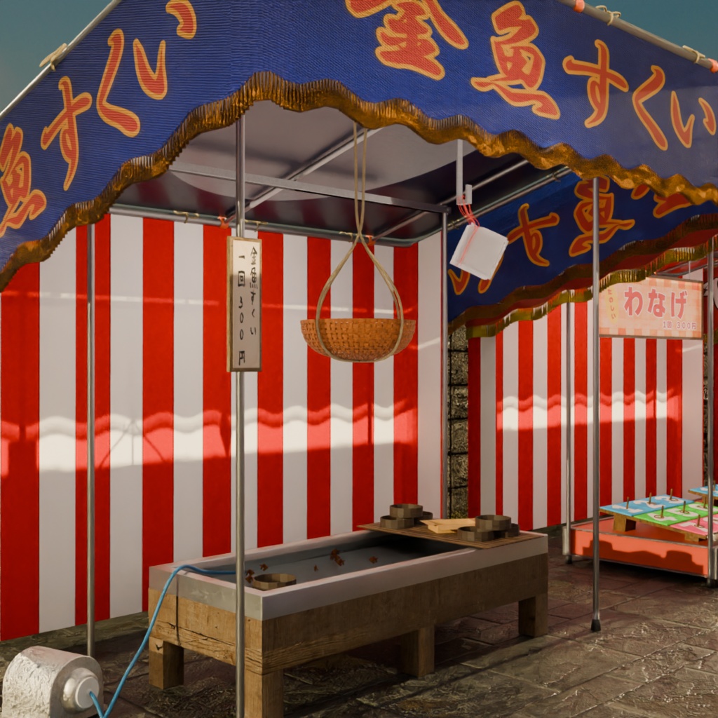 日本のレトロな夏祭りの屋台3点セット(りんご飴、金魚すくい、輪投げ)│Japanese Summer Festival Stall Set