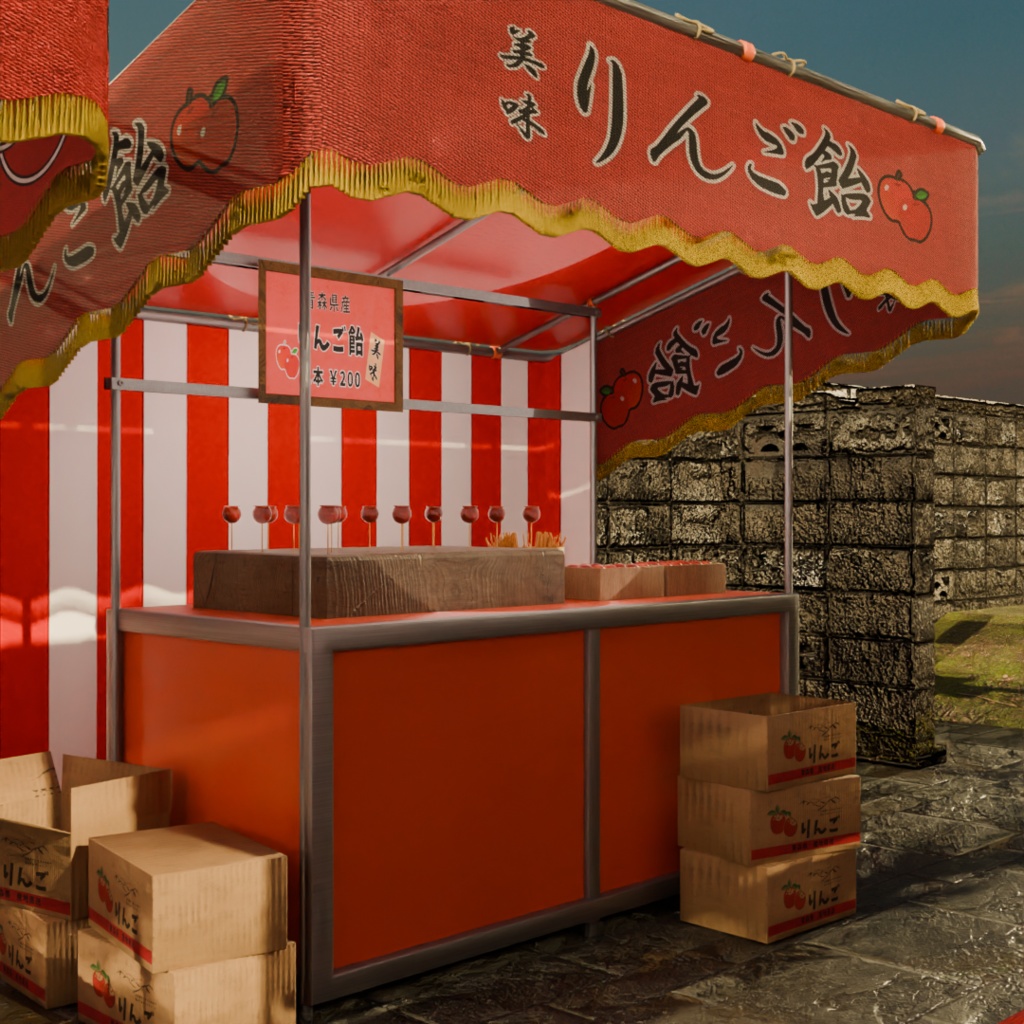 日本のレトロな夏祭りの屋台3点セット(りんご飴、金魚すくい、輪投げ)│Japanese Summer Festival Stall Set