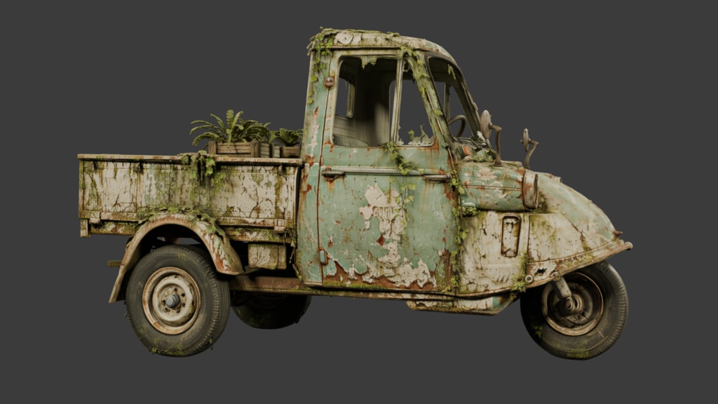 緑化したレトロな3輪駆動車│Rusty Pickup Truck【FBX】