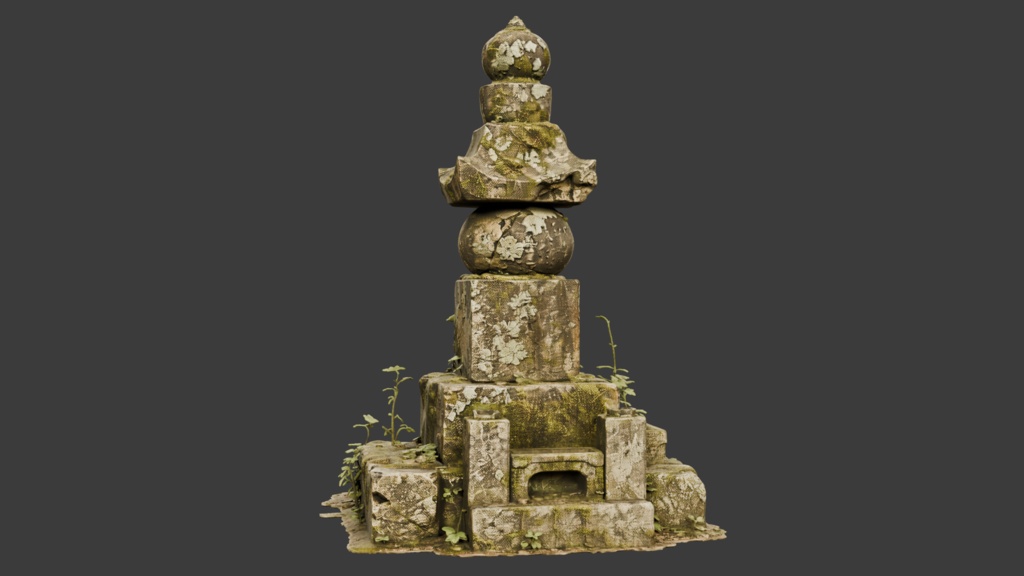 日本の苔むしたボロボロのお墓・灯篭セット│Set of Moss-Covered, Weathered Japanese Tombstones and Stone Lanterns【FBX 3種】