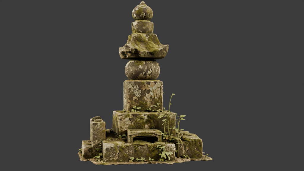 日本の苔むしたボロボロのお墓・灯篭セット│Set of Moss-Covered, Weathered Japanese Tombstones and Stone Lanterns【FBX 3種】