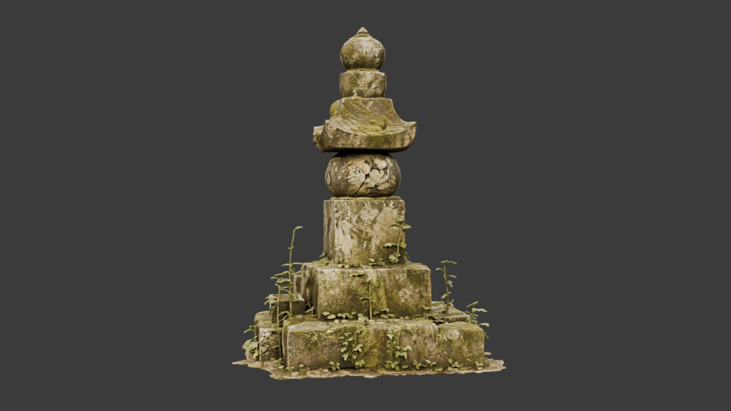 日本の苔むしたボロボロのお墓・灯篭セット│Set of Moss-Covered, Weathered Japanese Tombstones and Stone Lanterns【FBX 3種】