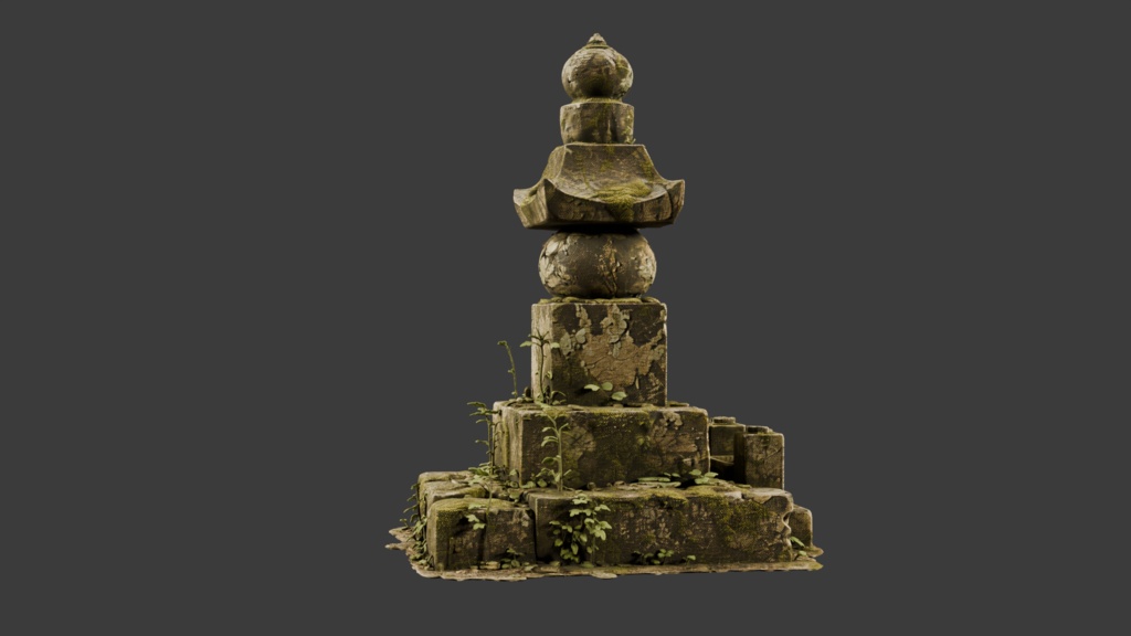 日本の苔むしたボロボロのお墓・灯篭セット│Set of Moss-Covered, Weathered Japanese Tombstones and Stone Lanterns【FBX 3種】