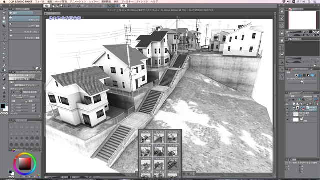 漫画背景用3D素材「階段のある住宅地」(CLIP STUDIO用 3Dオブジェクト)