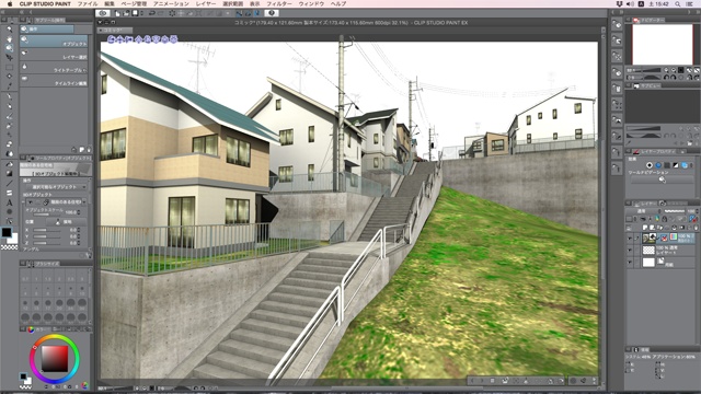 漫画背景用3D素材「階段のある住宅地」(CLIP STUDIO用 3Dオブジェクト)