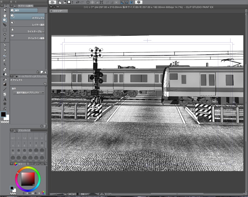 複線の線路と踏切と電車(CLIP STUDIO用 3Dオブジェクト)
