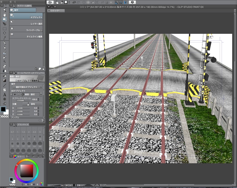 複線の線路と踏切と電車(CLIP STUDIO用 3Dオブジェクト)