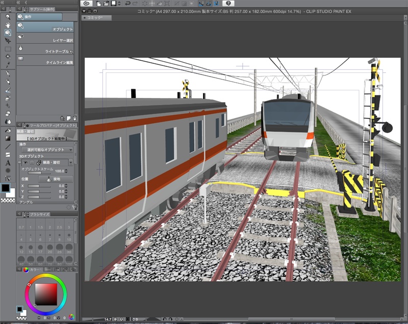 複線の線路と踏切と電車(CLIP STUDIO用 3Dオブジェクト)