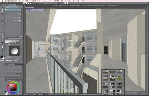 漫画・イラスト背景用3D素材「マンション1」(CLIP STUDIO用 3Dオブジェクト)