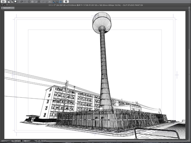 漫画背景用3D素材_「公団住宅Aと給水塔」(CLIP STUDIO用 3Dオブジェクト)