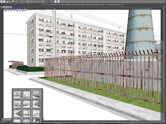 漫画背景用3D素材_「公団住宅Aと給水塔」(CLIP STUDIO用 3Dオブジェクト)