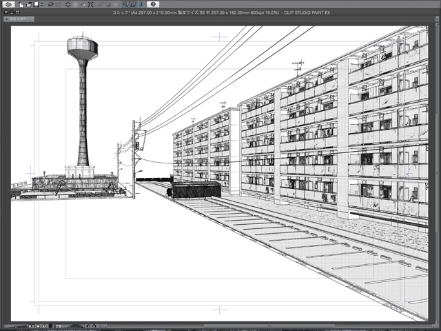 漫画背景用3D素材_「公団住宅Aと給水塔」(CLIP STUDIO用 3Dオブジェクト)