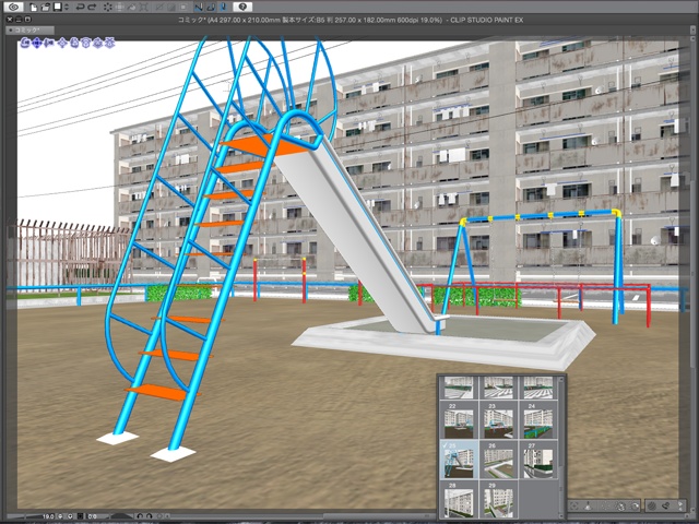 漫画背景用3D素材_「公団住宅Aと給水塔」(CLIP STUDIO用 3Dオブジェクト)